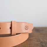 A close-up of the Field Duty Belt by Ballad of the Bird Dog, expertly crafted from premium vegetable-tanned harness leather.