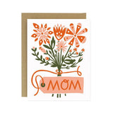 The "Flower Bouquet Mother's Day Card" by Worthwhile Paper features an orange and pink floral illustration with a "Mom" tag, screen printed on recycled card stock, and comes with a brown envelope.