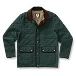 Stay warm in the Duck Head Fremont Lodge Performance Quilted Jacket—dark green, PrimaLoft® Black Insulation, brown trim, snap buttons, two front pockets, and patterned lining—ideal outerwear for cool days.
