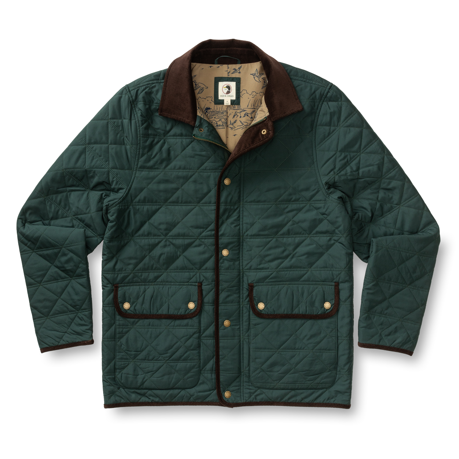 The Duck Head Fremont Lodge Performance Quilted Jacket features dark green fabric, PrimaLoft insulation, brown trim, snap buttons, two front pockets, and a patterned inner lining, shown on a white background.