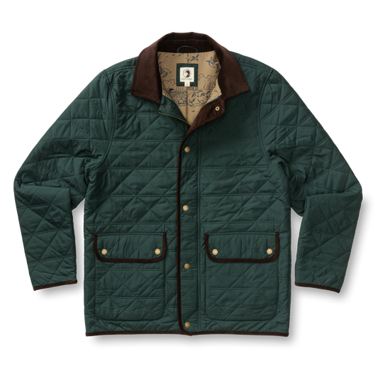 The Duck Head Fremont Lodge Performance Quilted Jacket features dark green fabric, PrimaLoft insulation, brown trim, snap buttons, two front pockets, and a patterned inner lining, shown on a white background.