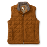 The Duck Head Fremont Sport Performance Quilted Vest is a brown, sleeveless vest with PrimaLoft Black Insulation, front zipper, two zippered pockets, and patterned inner lining, shown flat on a white background.