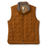 The Duck Head Fremont Sport Performance Quilted Vest features PrimaLoft Black Insulation, a front zipper, two side pockets, and a patterned inner lining—this lightweight brown vest is displayed on a white background.