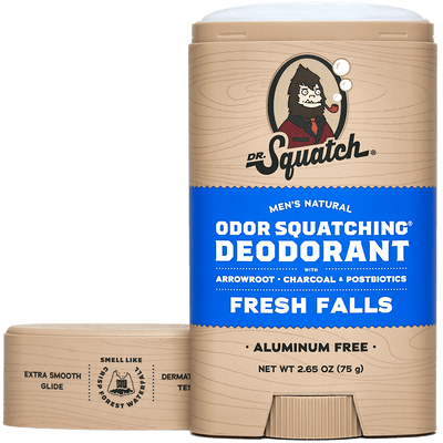 Dr.Squatch Fresh Falls Deodorant features a beige and blue label with a bearded man illustration, offering a clean, refreshing scent that's ideal for daily use.