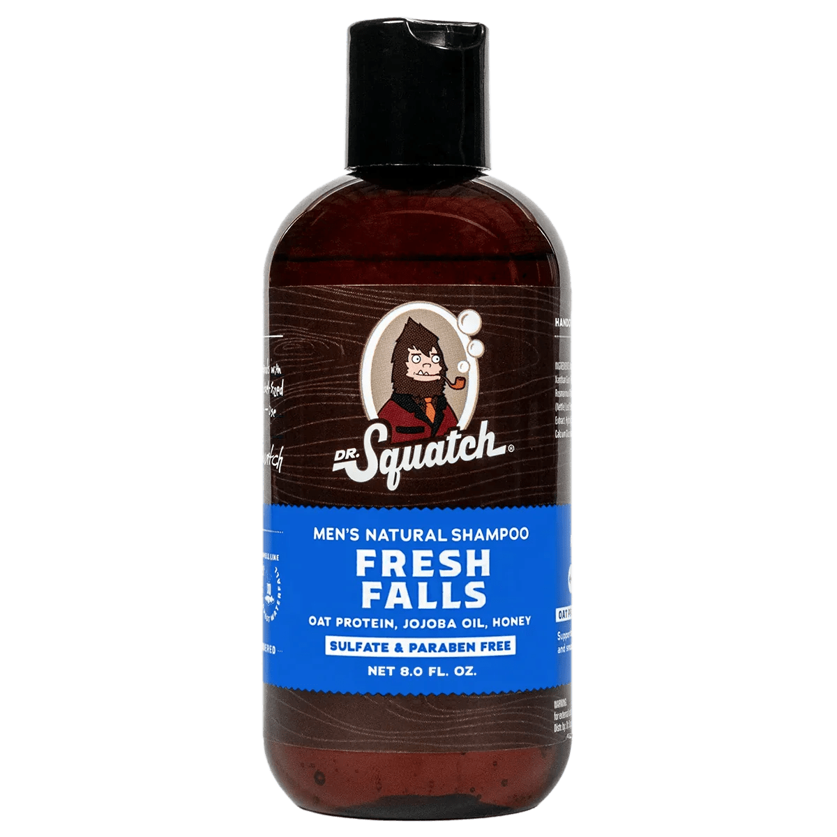 Dr.Squatch Fresh Falls Shampoo, 8 fl oz, cleanses hair with oat protein, jojoba oil, and honey for a refreshing scent; sulfate and paraben free.