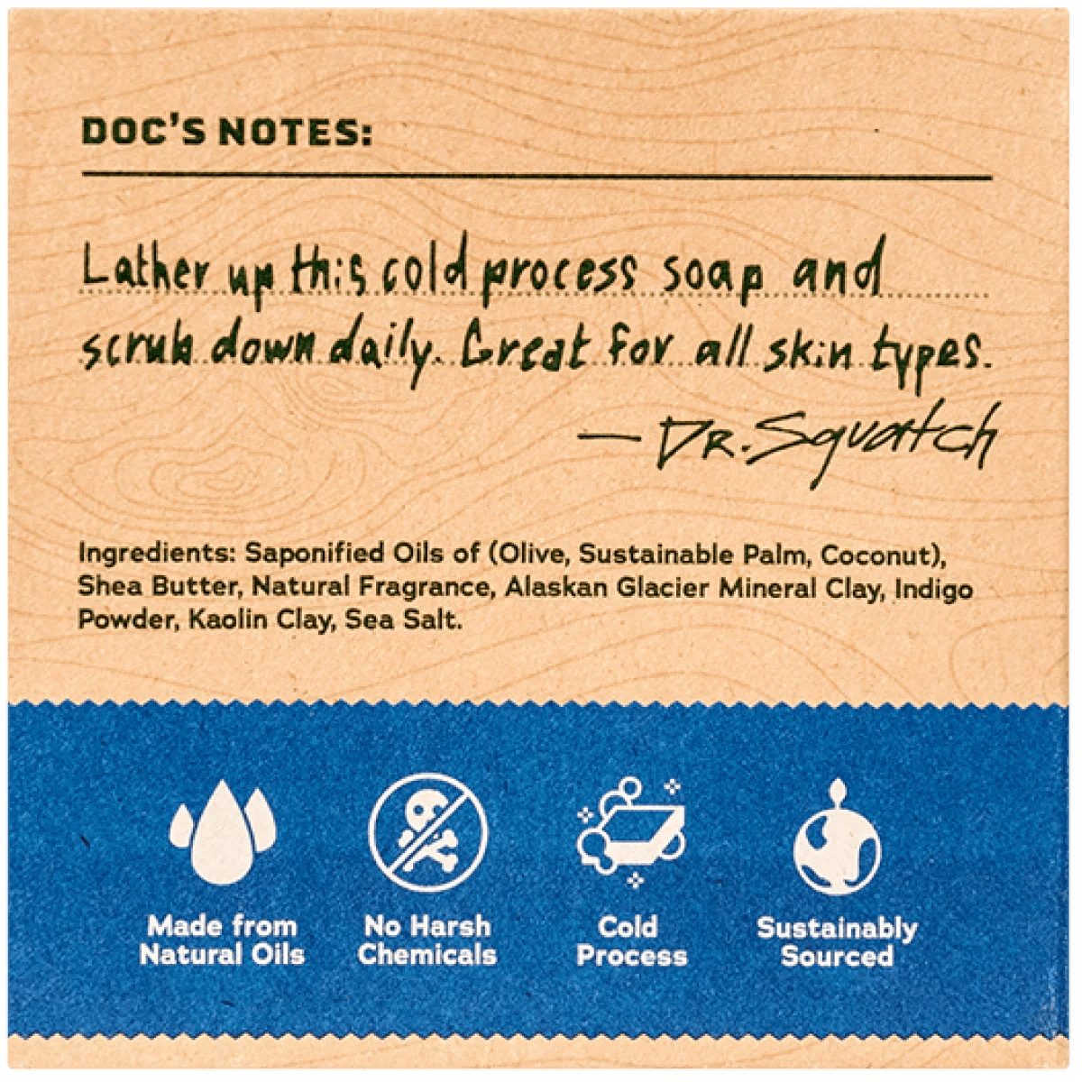 A Dr. Squatch Bar Soap ┃ Fresh Falls label featuring refreshing usage tips, an ingredient list, and icons for natural oils, no harsh chemicals, cold process, and sustainable sourcing.