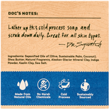 A Dr. Squatch Bar Soap ┃ Fresh Falls label featuring refreshing usage tips, an ingredient list, and icons for natural oils, no harsh chemicals, cold process, and sustainable sourcing.