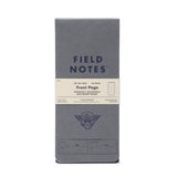 The Field Notes Front Page 2-Packs include two durable reporter’s notebooks with Neenah stock, a receipt pocket, and come in gray packaging featuring product details and branding.