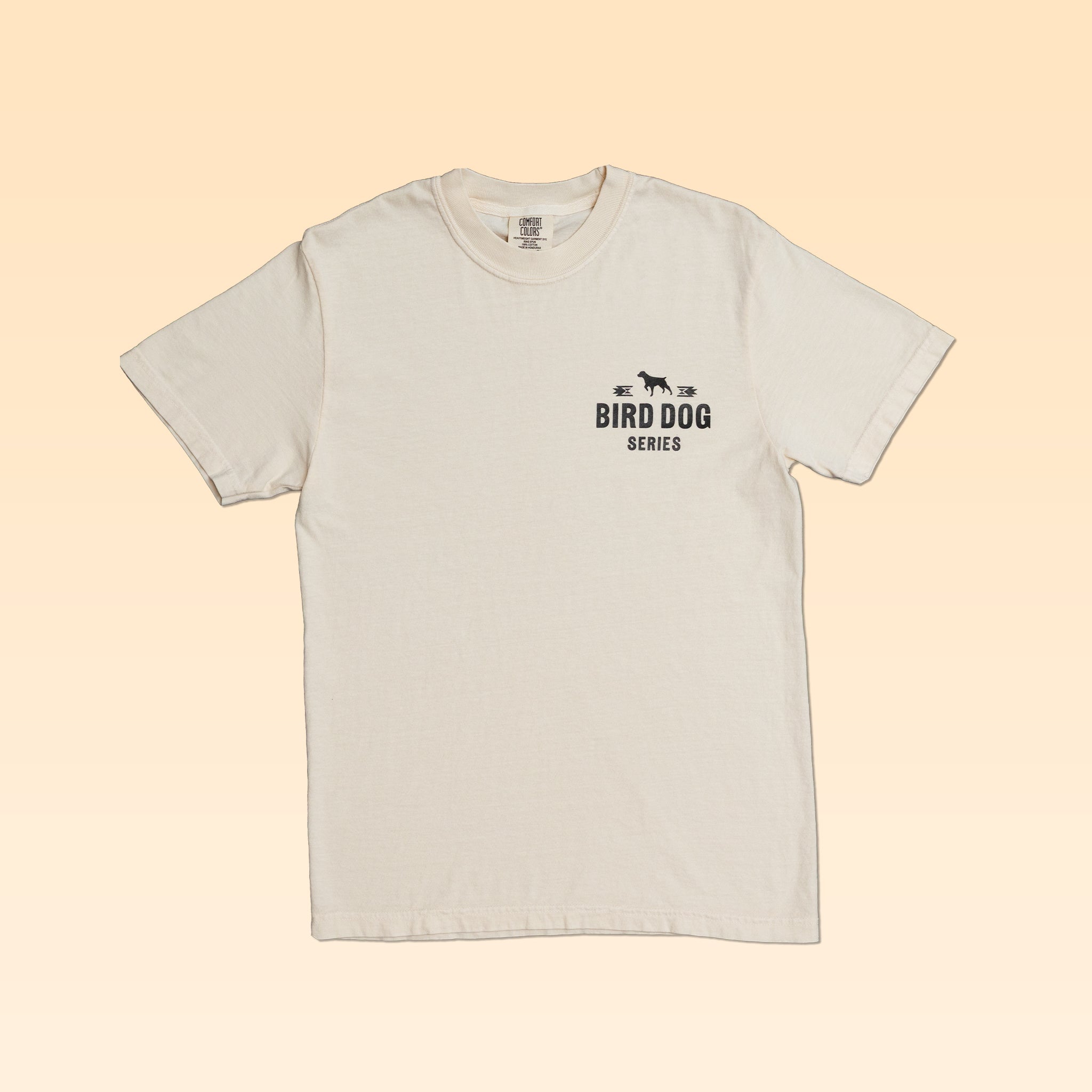 Off-white Comfort Colors Bird Dog Series Shirt | German Shorthaired Pointer with a small graphic on the left chest featuring a dog silhouette and the text “BIRD DOG SERIES.”