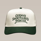 White and green Bird Dog Series Hat | German Shorthaired Pointer, embroidered with “German Shorthaired Pointer” in dark green lettering.