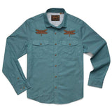 The Howler Brothers Gaucho Snapshirt | Enter the Dragons features two front pockets and embroidered dragonfly designs above them.
