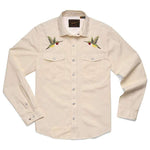 The Gaucho Snapshirt | Nectar Seekers by Howler Brothers is a cream long-sleeve shirt with snap buttons and embroidered hummingbirds on the chest pockets, inspired by classic western shirts.