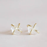 JaxKelly Gemstone Prong Clear Quartz Gold Earrings: Raw clear quartz crystal studs in gold prong settings, hypoallergenic for sensitive ears.