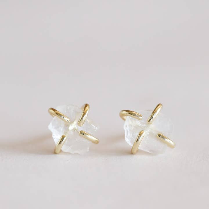 JaxKelly Gemstone Prong Clear Quartz Gold Earrings: Raw clear quartz crystal studs in gold prong settings, hypoallergenic for sensitive ears.