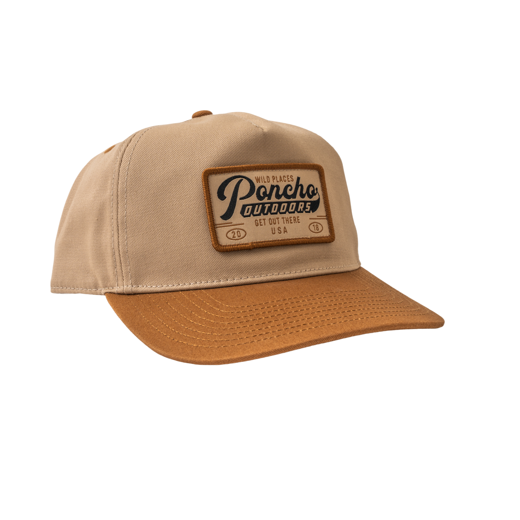 The Get Out There Hat by Poncho features tan and brown cotton construction, a flat brim, adjustable snapback, and a front patch that reads "Poncho Outdoors, Get Out There, USA.