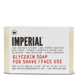 Imperial Barber Products Glycerin Shave/Face Soap Bar is dual-purpose for shave and facial cleansing, unscented, made in the USA, and lists moisturizing benefits and ingredients on the package.