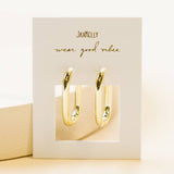 JaxKelly Gold Hoop - Large Rectangle Earrings, tarnish-free and displayed on a white card with "JaxKelly" and "wear good vibes" in gold text.
