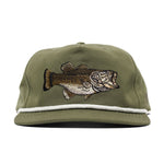 The Duck Camp Grandpa Hat | Bass is an olive green snapback with a white rope accent and an embroidered bass on the front.