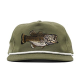 The Duck Camp Grandpa Hat | Bass is an olive green snapback with a white rope accent and an embroidered bass on the front.
