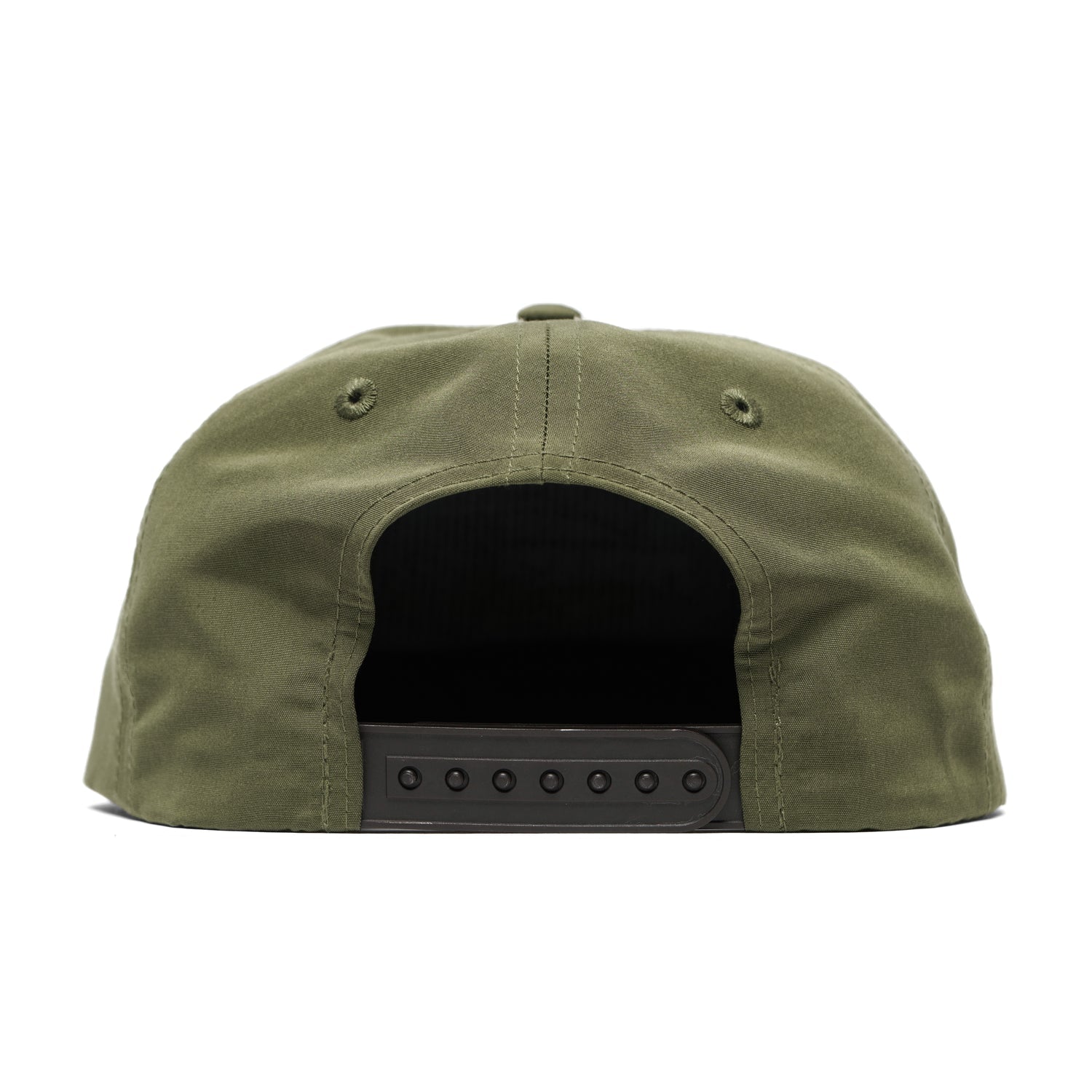 Back view of the Duck Camp Grandpa Hat in olive green, featuring an embroidered bass and a black adjustable snapback closure.