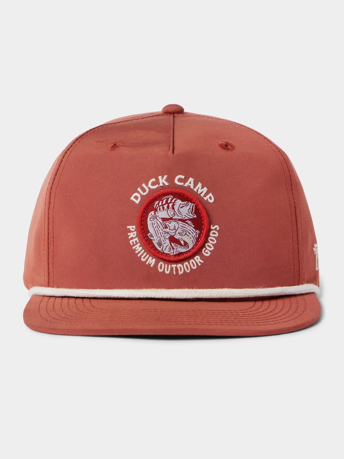 The Grandpa Hat | Bass Trinity by Duck Camp features a rust color, round embroidered patch with "Duck Camp Premium Outdoor Goods" and a fish graphic. Adjustable snapback ensures a comfortable fit.