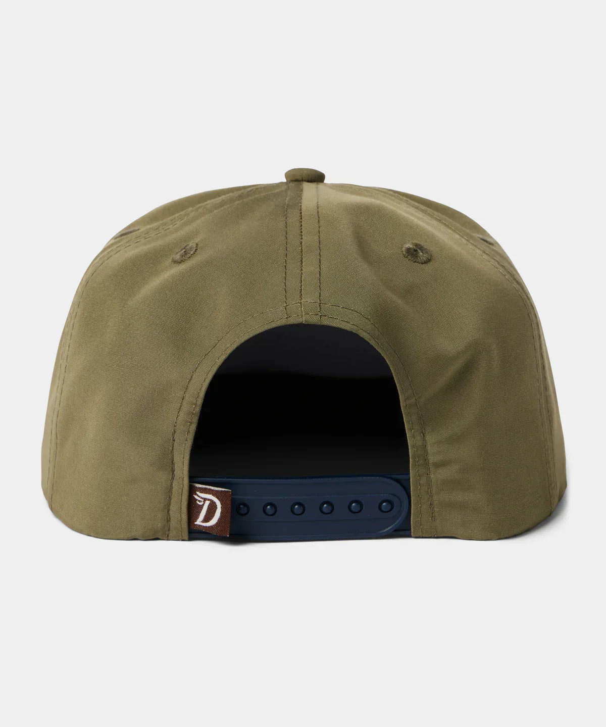Back view of the Duck Camp Grandpa Hat in olive green with a blue crab design, featuring an adjustable navy snapback closure and a small brown tag on the left side.