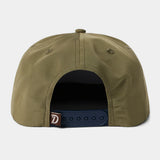 Back view of the Duck Camp Grandpa Hat in olive green with a blue crab design, featuring an adjustable navy snapback closure and a small brown tag on the left side.
