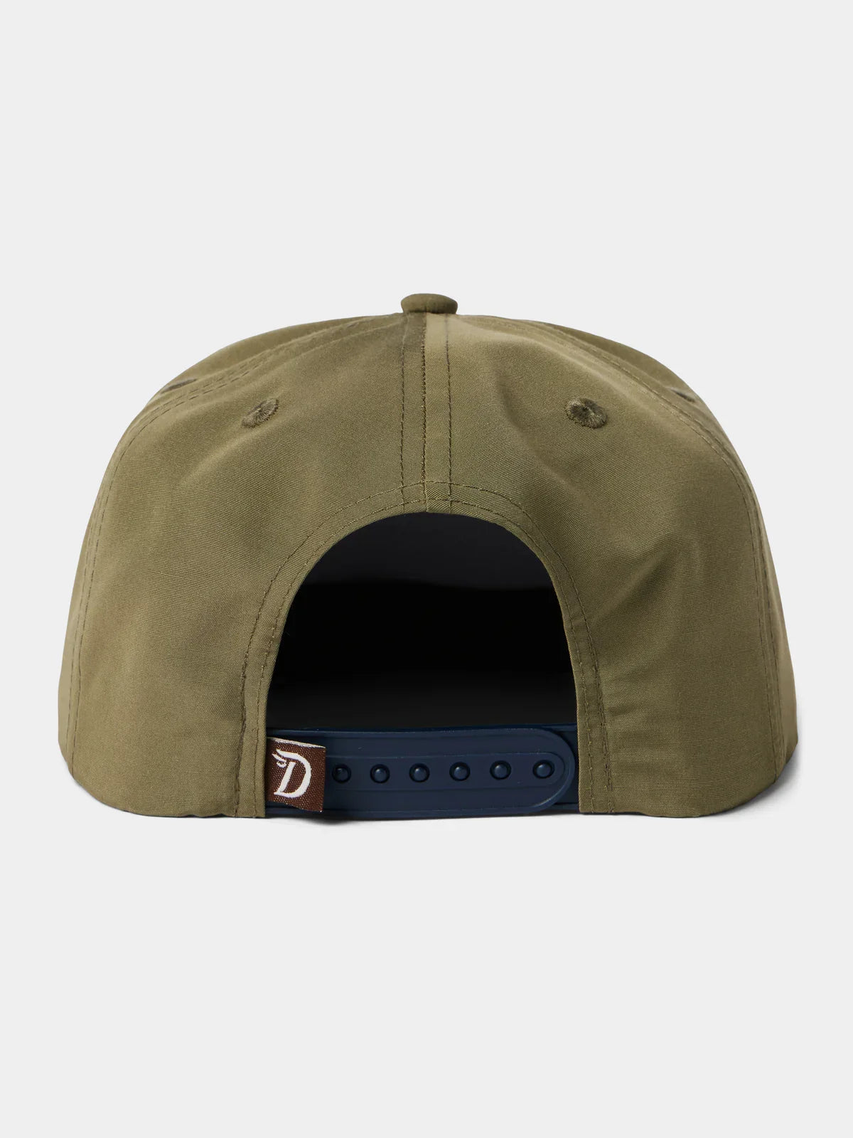 Back view of the Duck Camp Grandpa Hat in olive green with a blue crab design, featuring an adjustable navy snapback closure and a small brown tag on the left side.