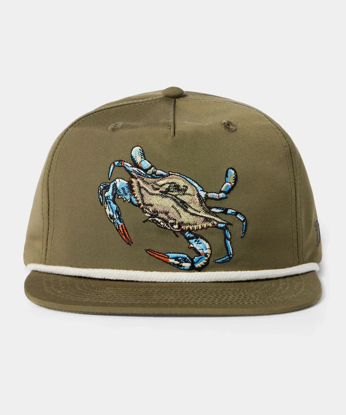 The Grandpa Hat | Blue Crab by Duck Camp is an olive green hat with an embroidered blue crab on the front and an adjustable snapback for a comfortable fit.