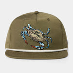 The Grandpa Hat | Blue Crab by Duck Camp is an olive green hat with an embroidered blue crab on the front and an adjustable snapback for a comfortable fit.