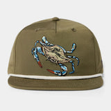 The Grandpa Hat | Blue Crab by Duck Camp is an olive green hat with an embroidered blue crab on the front and an adjustable snapback for a comfortable fit.