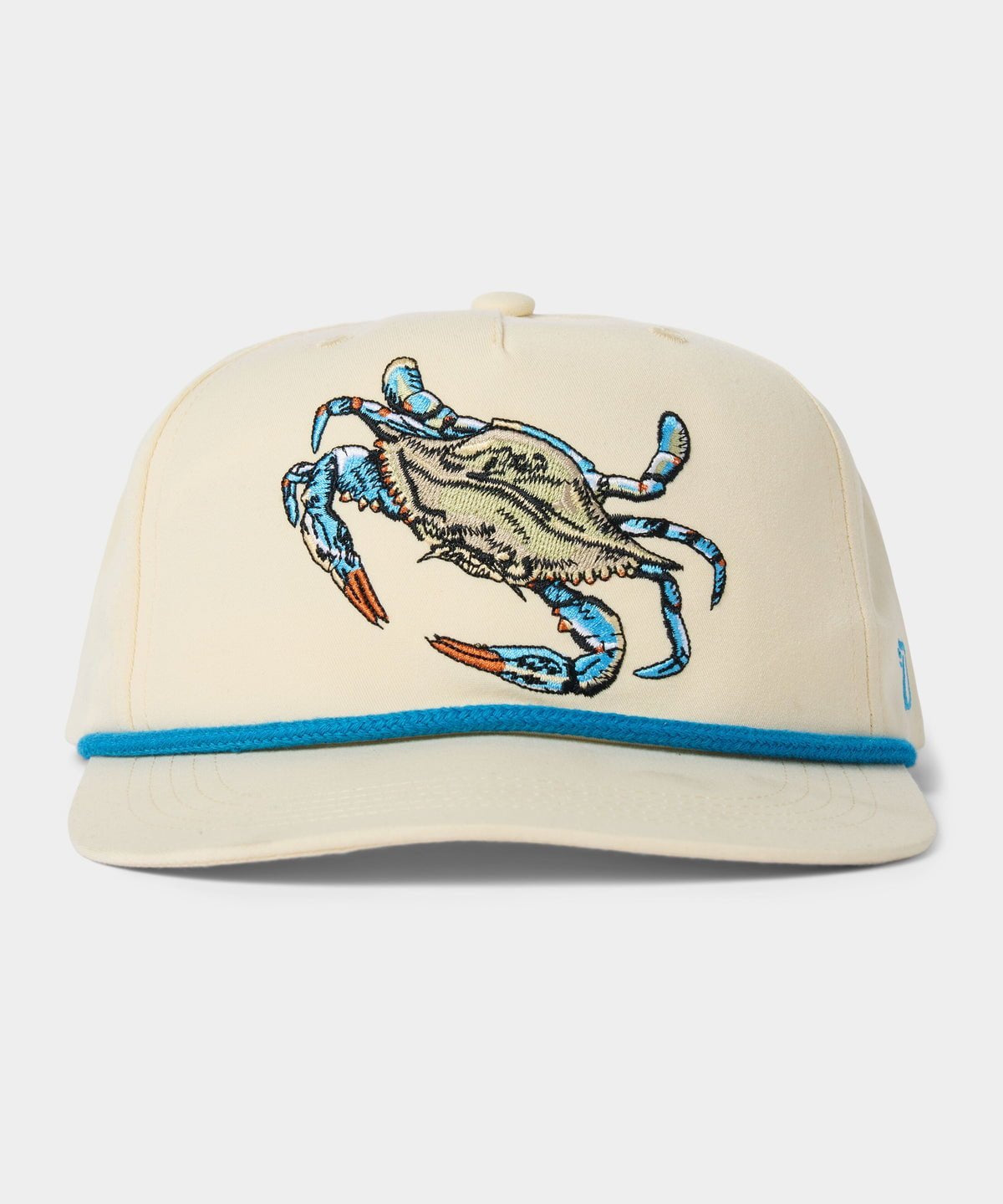 The Duck Camp Grandpa Hat features an embroidered blue crab on beige fabric, blue trim above the visor, and an adjustable snapback for a comfortable fit.