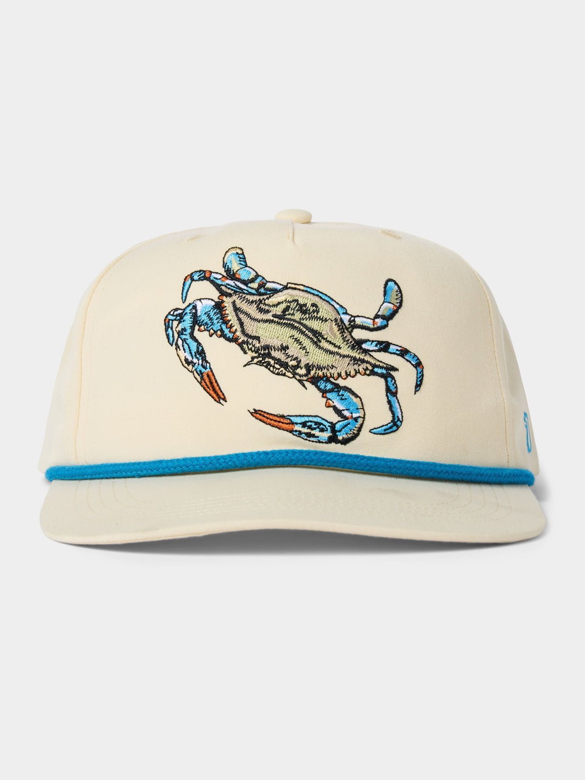 The Duck Camp Grandpa Hat features an embroidered blue crab on beige fabric, blue trim above the visor, and an adjustable snapback for a comfortable fit.