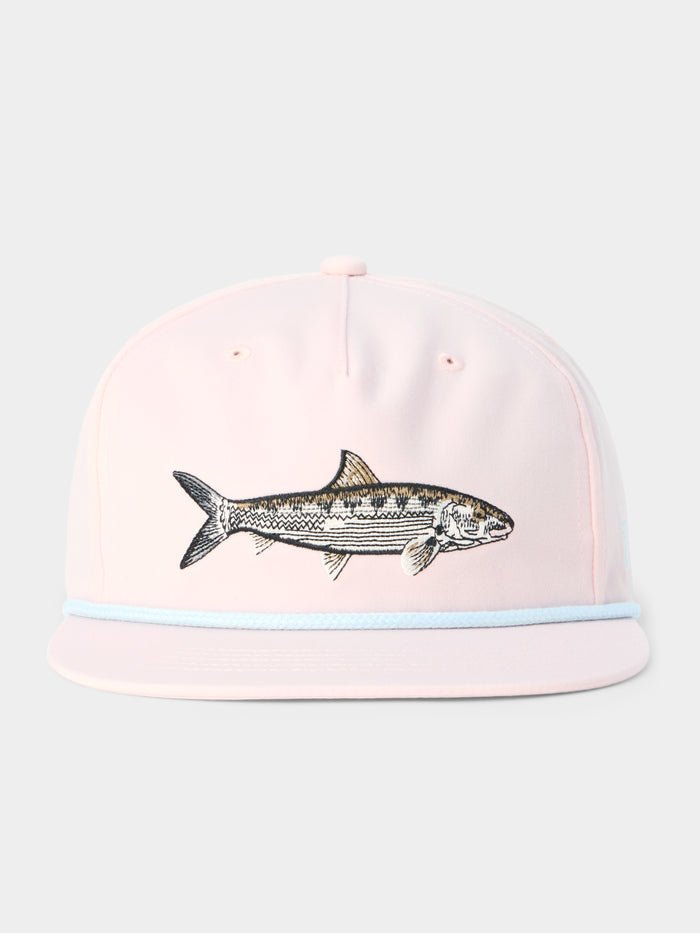 The Duck Camp Grandpa Hat Bonefish is a light pink adjustable cap with an embroidered fish design on the front and a light blue trim above the brim.