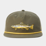 The Grandpa Hat Brown Trout by Duck Camp features an olive green snapback with a yellow rope, an embroidered fish on the front, and an adjustable closure. Its durable polyester shell ensures comfort and longevity.