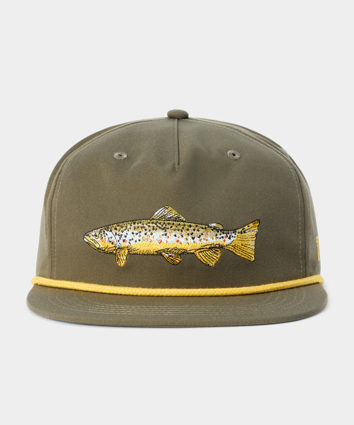 The Grandpa Hat Brown Trout by Duck Camp features an olive green snapback with a yellow rope, an embroidered fish on the front, and an adjustable closure. Its durable polyester shell ensures comfort and longevity.
