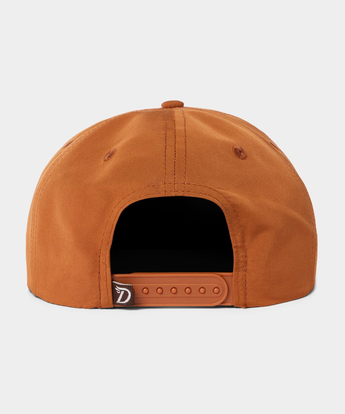 Back view of the Grandpa Hat | Dove by Duck Camp—an orange snapback featuring an adjustable closure and small fabric tag on the strap, ideal for dove poppers outings.