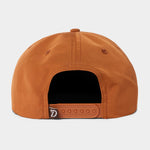 Back view of the Grandpa Hat | Dove by Duck Camp—an orange snapback featuring an adjustable closure and small fabric tag on the strap, ideal for dove poppers outings.