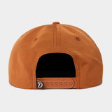 Back view of the Grandpa Hat | Dove by Duck Camp—an orange snapback featuring an adjustable closure and small fabric tag on the strap, ideal for dove poppers outings.