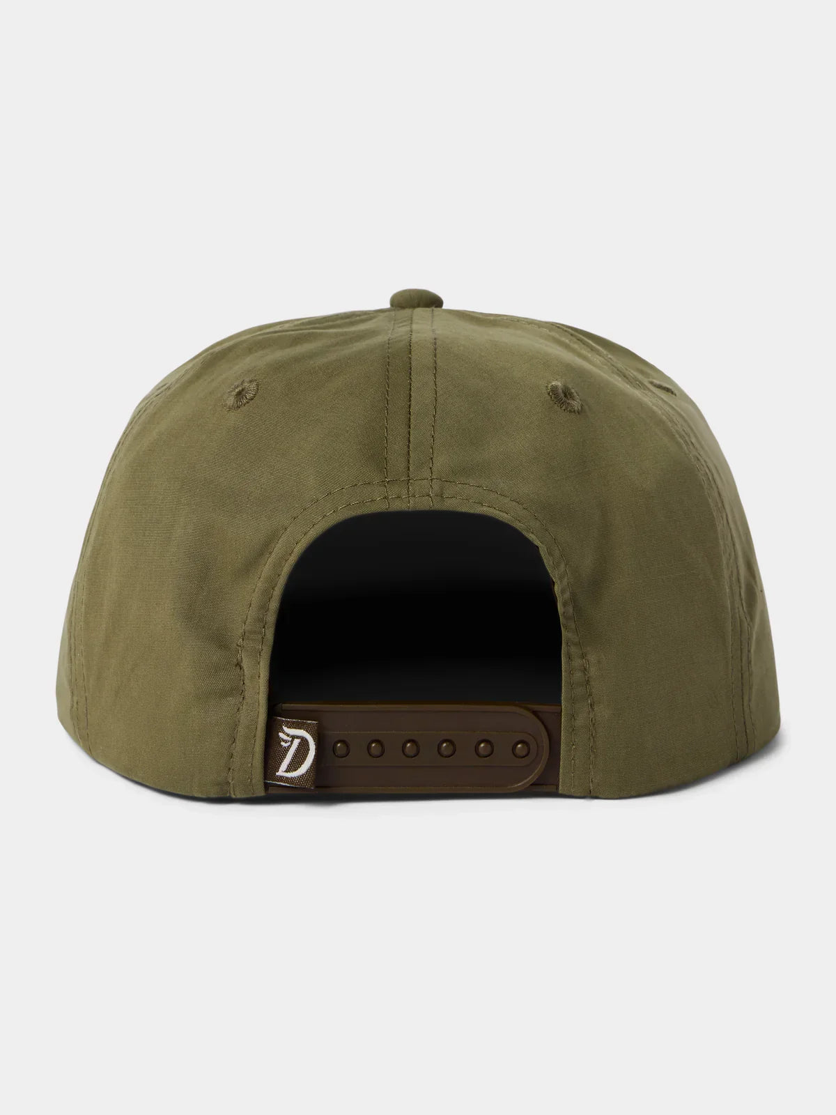 Back view of Duck Camp’s Grandpa Hat | Gator: an olive green adjustable cap with a polyester shell, easy-to-use strap, and a small logo tag near the closure.