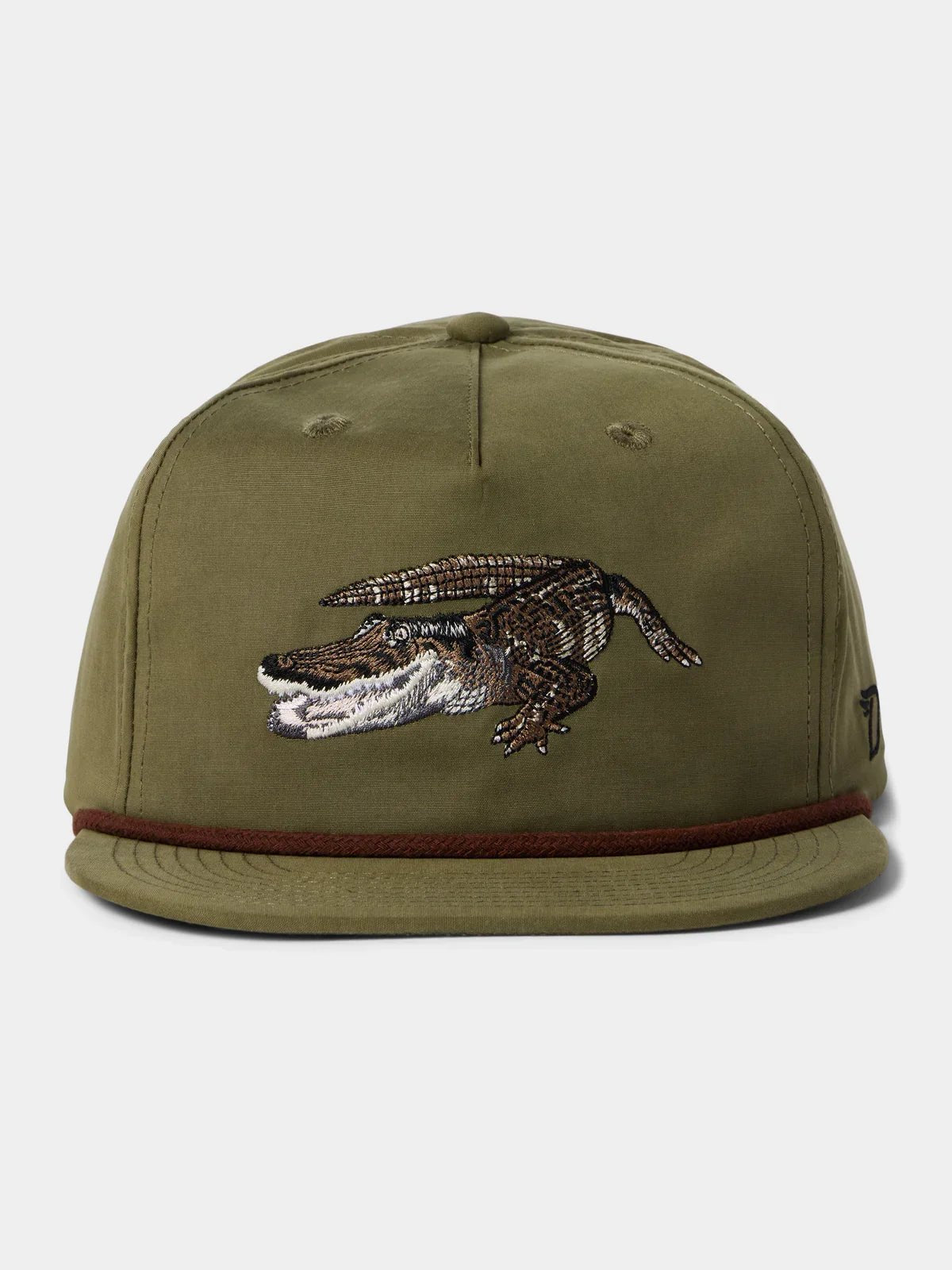 The Duck Camp Grandpa Hat | Gator features an olive green snapback design with an embroidered crocodile on the front, a brown cord above the brim, and an adjustable fit for comfort.