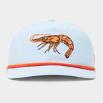 The Duck Camp Grandpa Hat Gulf Shrimp features a light blue 5-panel design, an embroidered orange shrimp on the front, orange brim trim, and an adjustable snapback for a perfect fit.