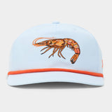 The Duck Camp Grandpa Hat Gulf Shrimp features a light blue 5-panel design, an embroidered orange shrimp on the front, orange brim trim, and an adjustable snapback for a perfect fit.