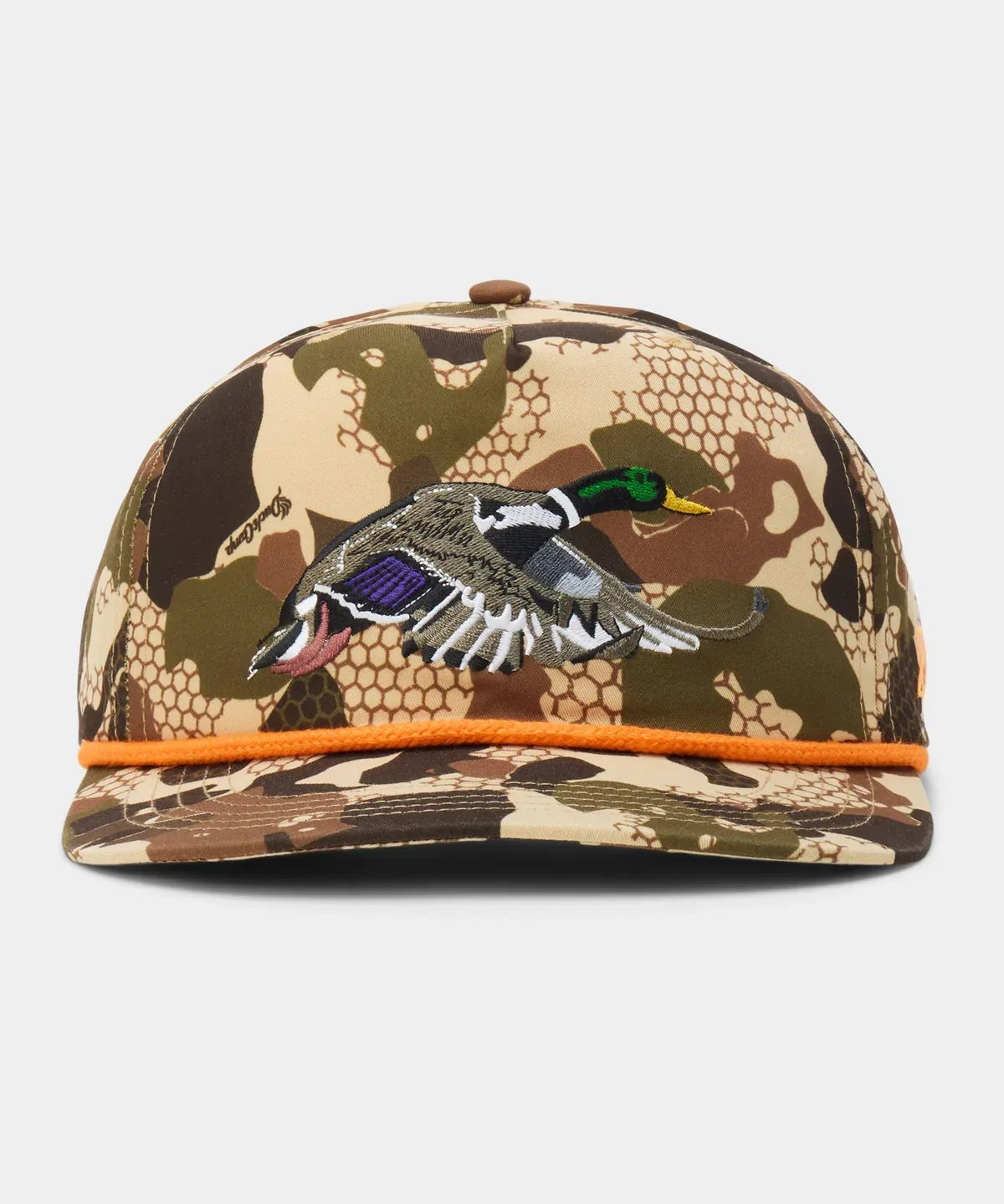 The Duck Camp Grandpa Hat | Mallard features a camouflage design, embroidered flying mallard on the front, orange cord above the brim, adjustable snapback, and a durable polyester shell for comfort and style.