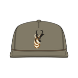 The Duck Camp Grandpa Hat | Pronghorn is an olive green 5-panel hat with an embroidered pronghorn antelope head on the front and an adjustable snapback for a comfy fit.