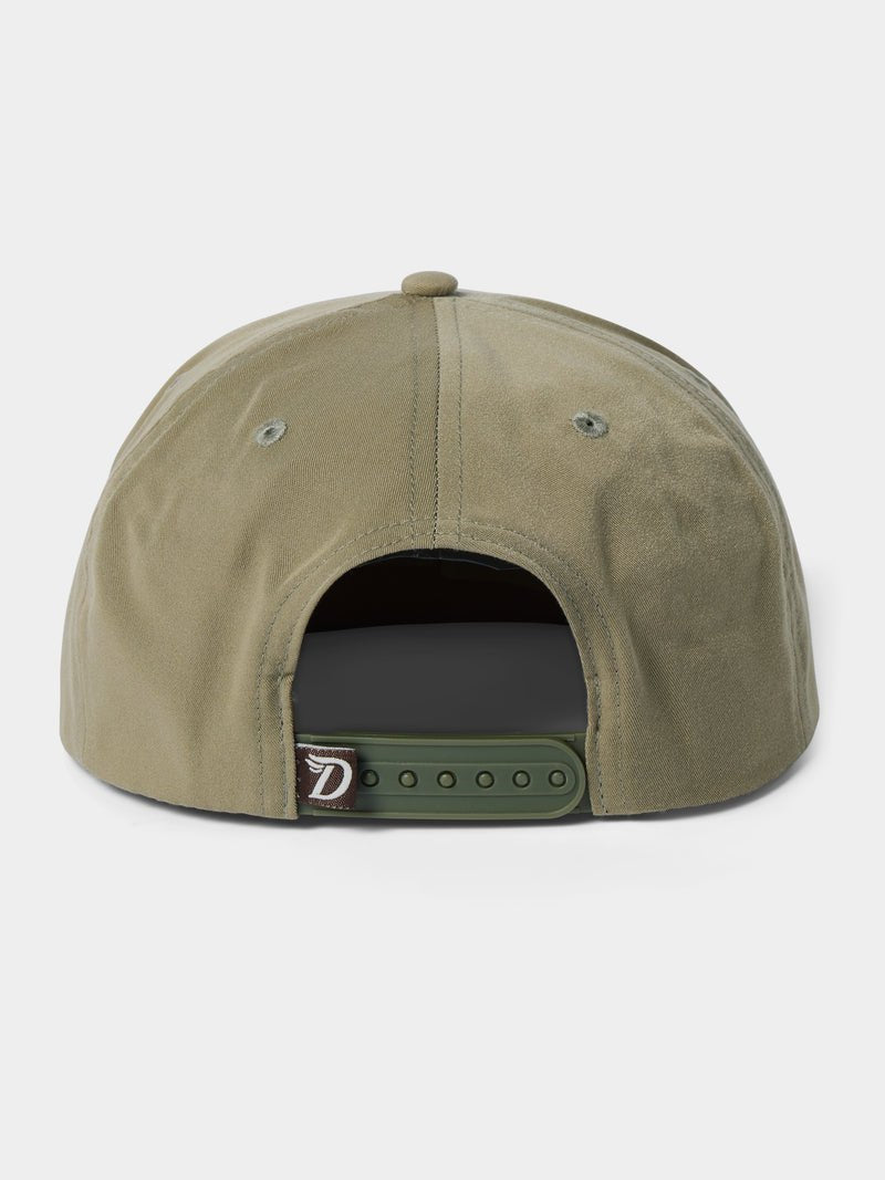 Back view of the olive green Grandpa Hat by Duck Camp, featuring embroidery, adjustable snapback strap, and a small logo tag—ideal as a stylish Redfish cap.