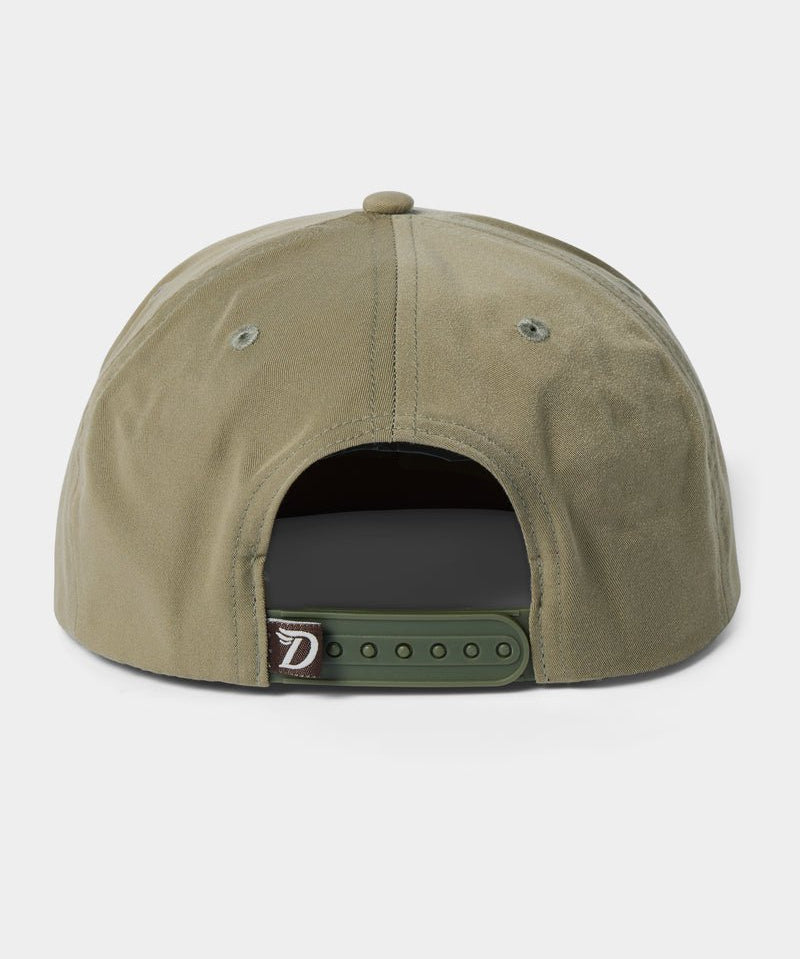Back view of the olive green Grandpa Hat by Duck Camp, featuring embroidery, adjustable snapback strap, and a small logo tag—ideal as a stylish Redfish cap.
