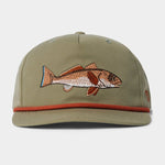 The Grandpa Hat | Redfish by Duck Camp features olive green fabric, a fish embroidered on the front, orange-brown rope on the brim, and an adjustable snapback—making it your go-to hat for every adventure.