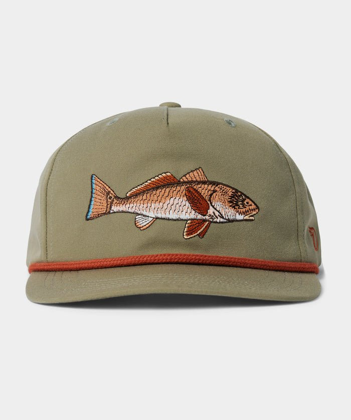 The Grandpa Hat | Redfish by Duck Camp features olive green fabric, a fish embroidered on the front, orange-brown rope on the brim, and an adjustable snapback—making it your go-to hat for every adventure.