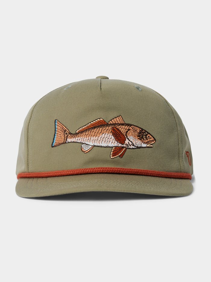 The Grandpa Hat | Redfish by Duck Camp features olive green fabric, a fish embroidered on the front, orange-brown rope on the brim, and an adjustable snapback—making it your go-to hat for every adventure.